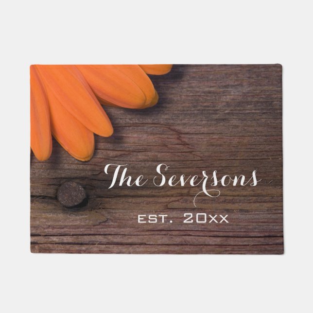 Tapete Margarida Laranja Russa e Madeira Marinha (Frente)