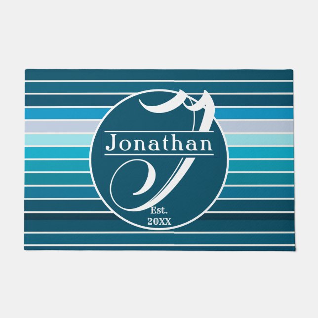 Tapete Marinho de Stripes Azuis do Lago, Azul Céu, Monogr (Frente)