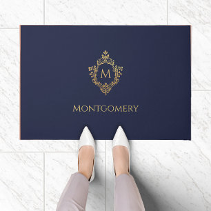 Tapete Marinho do Monograma Azul Faux Dourado Elegante In