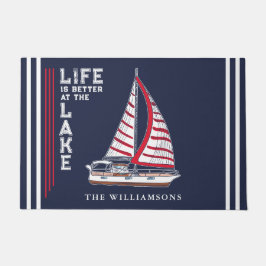 Tapete Marinho Náutico, Blue Red Sail Boat Lake House