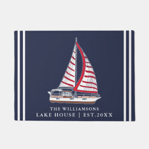 Tapete Marinho Náutico Blue Red White Sail Boat Lake Hous