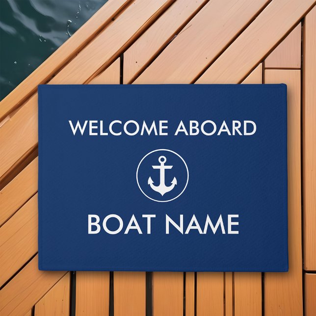Tapete Marinho Náutico Blue Welcome Boat Name Door Mat (Customize to change text size, text style or background color.)
