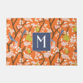 Tapete Monograma de Aves de Chinoiserie Laranja e Azul