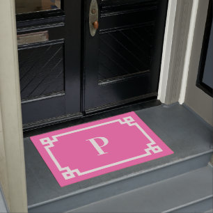 Tapete Monograma de Quadro-Chave Grego Branco e Rosa Quen