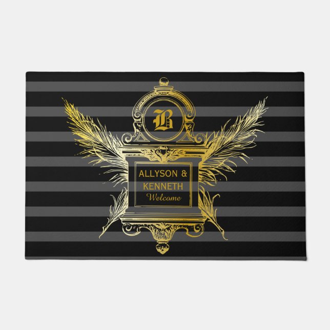 Tapete Monograma de Quadro Dourado Clássico de Penas de Q (Frente)