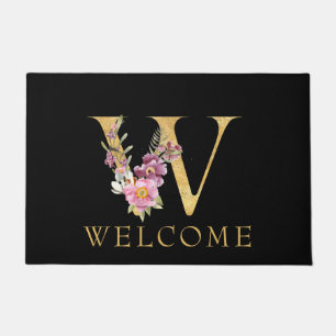 Tapete Monograma Dourado clássico W com porta floral rosa