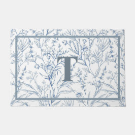Tapete Monograma Floral Branco Azul-Algodão Francês