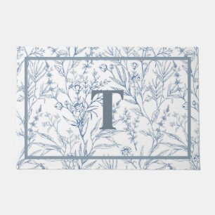Tapete Monograma Floral Branco Azul-Algodão Francês