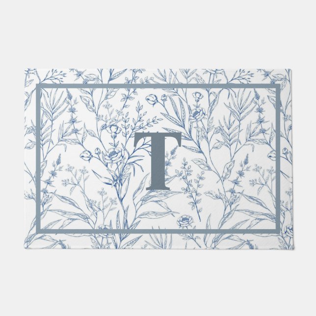 Tapete Monograma Floral Branco Azul-Algodão Francês (Frente)