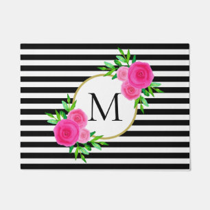 Tapete Monograma Floral Cor-de-Água Rosa Preto, Listra B