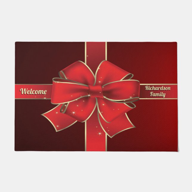 Tapete Monograma vermelho grande da fita do feriado do (Frente)