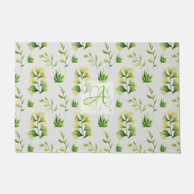 Tapete Monogramas Folhas Botânicas Moldadas Deco Verde Po (Frente)