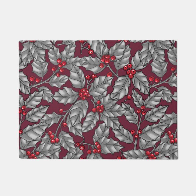 Tapete Morango Holly, folhas de cinza em vermelho escuro (Frente)
