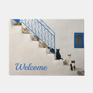 Tapete Muitos gatos numa escada branca numa aldeia grega
