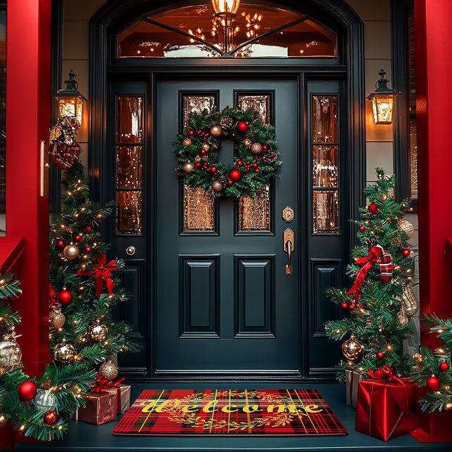 Tapete Natal da Xadrez de Tartan Verde e Vermelho (Festive Red Christmas Tartan Plaid Holiday Welcome Mat )