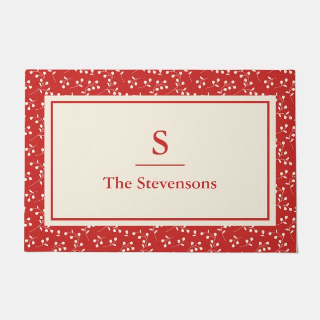 Tapete Natal do Monograma Botânico Branco e Vermelho Vint (Frente)