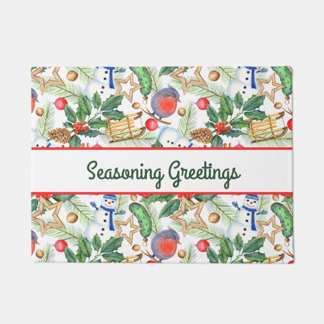 Tapete Natal Férias Xmas Boneco de Neve, Pinhas, Azevinho (Frente)