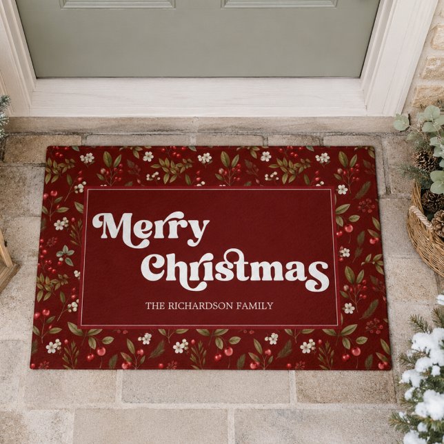 Tapete Natal Vermelho Elegante (elegant retro vintage red botanical merry christmas typography doormat with custom family name)