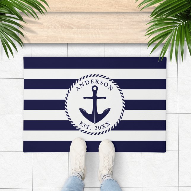 Tapete Náutica Personalizada Náutica Marinho Azul-Branco  (Navy Blue and White Personalized Nautical Doormat with Anchor and Stripes)