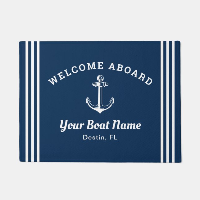 Tapete Nautical Navy Blue Welcome Aboard Boat Name Anchor (Frente)