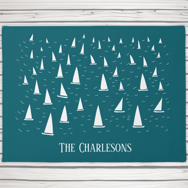 Tapete Náutico Verde-Arrasto Personalizado (Personalized family or boat name sailing boat regatta teal green doormat for lake or beach house)