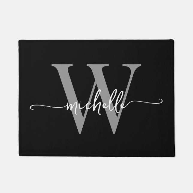Tapete Nome com Script de Monograma Preto Cinza Elegante  (Frente)