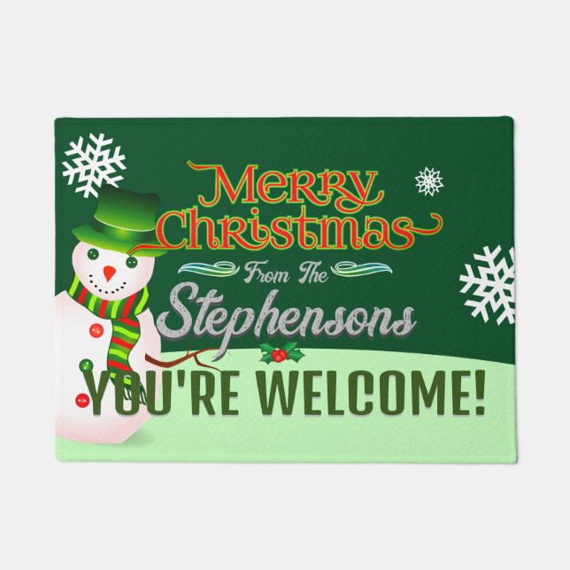 Tapete Nome da família em Snowman GREEN Welcome (Frente)