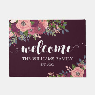 Tapete Nome da Família Floral Blush Burgundy Bem-vindo