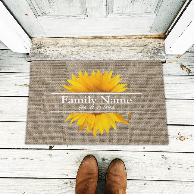 Tapete Nome Da Família Rustic Burlap Sunflower Estabeleci (Criador carregado)
