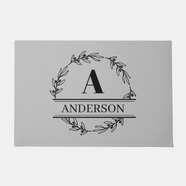 Tapete Nome da família Wreath Monograma Cinza Negra (Frente)