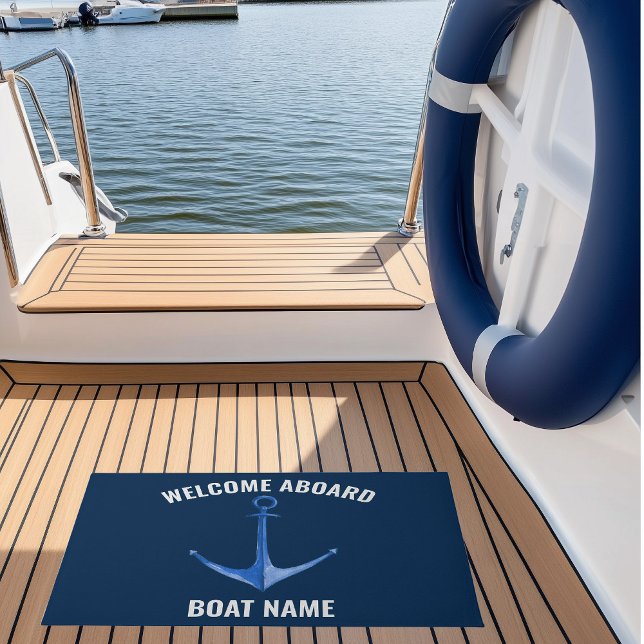 Tapete Nome de Barco Azul Âncora Rústico  (Custom Boat Name Nautical Doormat with watercolor blue anchor)