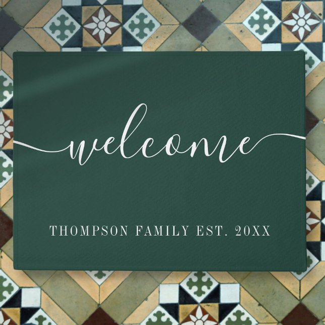 Tapete Nome de Família Personalizado Bem-vindo Verde Esme (Personalized Family Name Emerald Green Welcome Doormat)