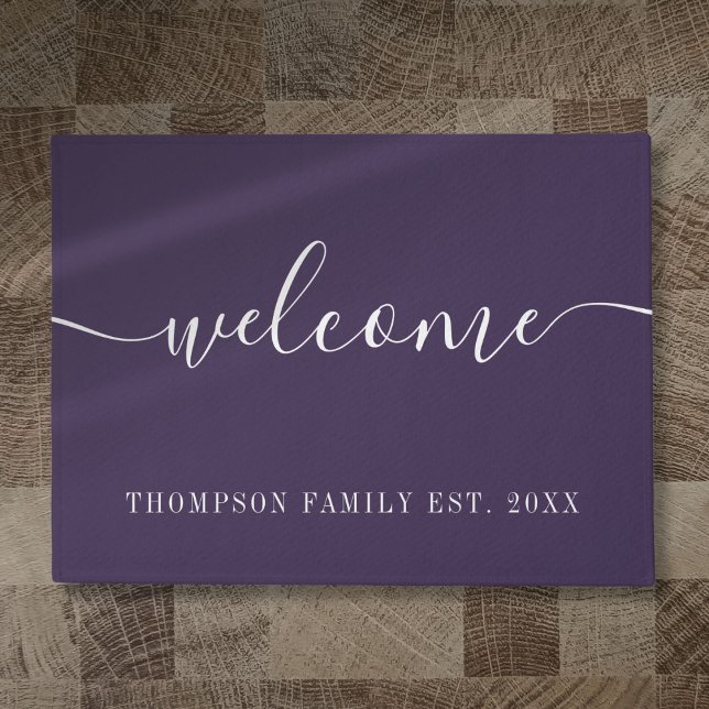 Tapete Nome de Família Personalizado Roxo Bem-vindo (Personalized Family Name Purple Welcome Doormat)