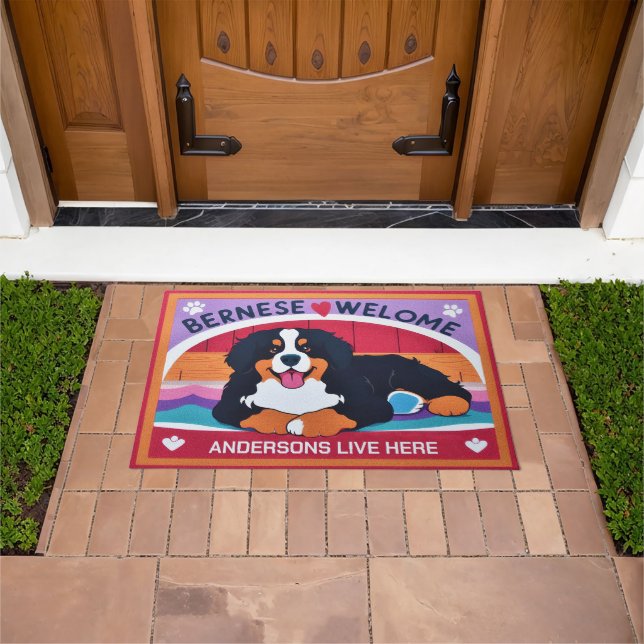 Tapete Nome Personalizado Bernese Mountain Dog Bem-vindo (Ar livre)