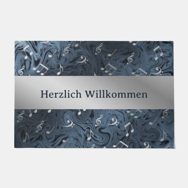 Tapete notas de música prateada elegante em porta azul (Frente)