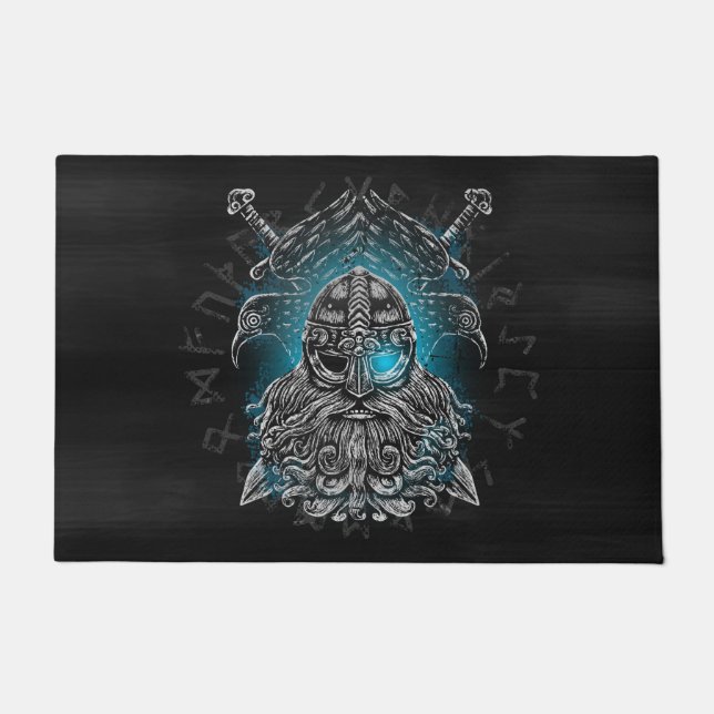 Tapete Odin Corvos e Espadas Olho Luminoso Azul deus nórd (Frente)