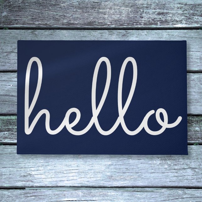 Tapete Olá Na moda Modern Script Marinho Azul (Hello Stylish Modern Script Navy Blue Doormat)