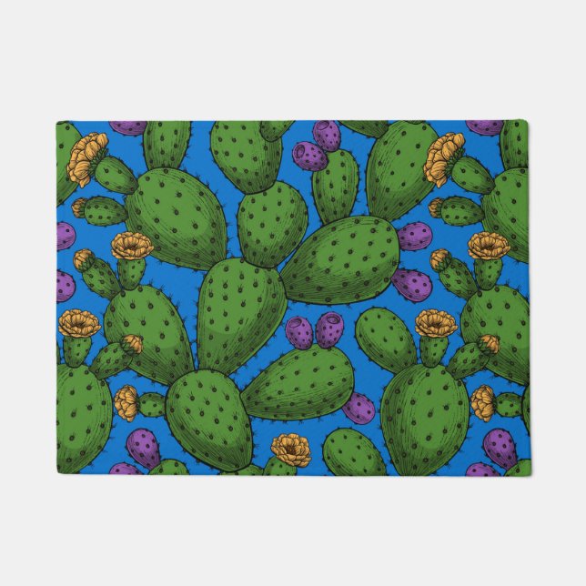 Tapete Opuntia florescente em azul (Frente)