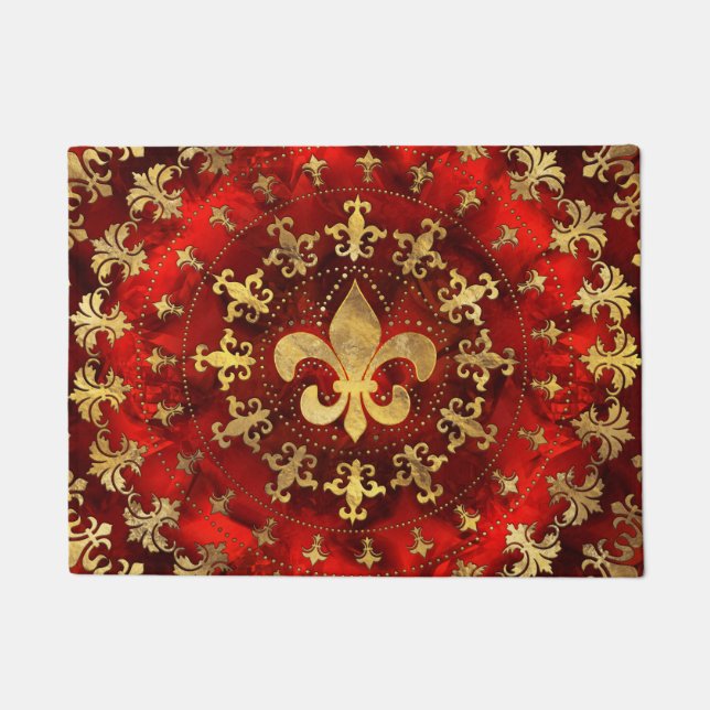 Tapete Ornamento Fleur-de-lis Marble Vermelho e Dourado (Frente)
