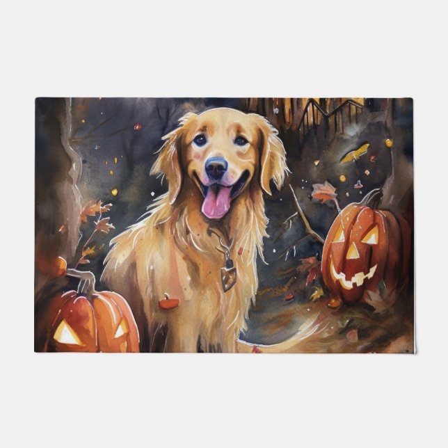 Tapete Ouro De Halloween Retriever Com Pumpkins Assustado (Frente)