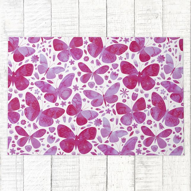Tapete Padrão de Aquarela da Borboleta Rosa (Magenta hot pink watercolor butterfly pattern doormat)