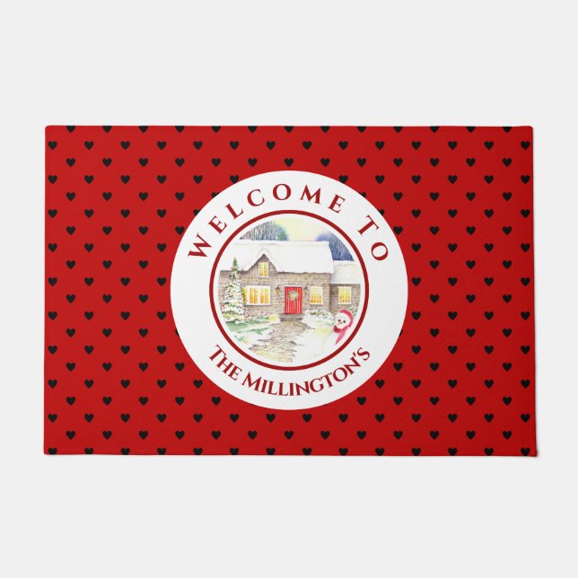 Tapete Padrão de Coração Vermelho Azul de Natal de Algodã (Frente)