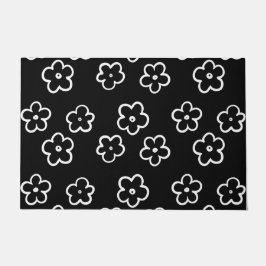 Tapete Padrão de Flor Preto e Branco