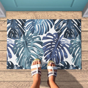 Tapete Padrão de Folhas de Monstera Azul Tropical