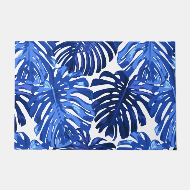 Tapete Padrão de Folhas Tropicais Brancas Boho Azul (Frente)