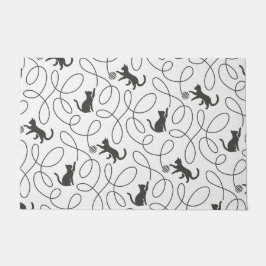 Tapete Padrão de Gato Preto Divertido e Bola de Linha