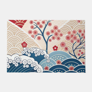 Tapete Padrão de Onda Japonesa Moderna e Flor de Cerejeir