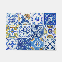 Tapete Padrão Floral Azul, Branco e Amarelo do Mediterrân