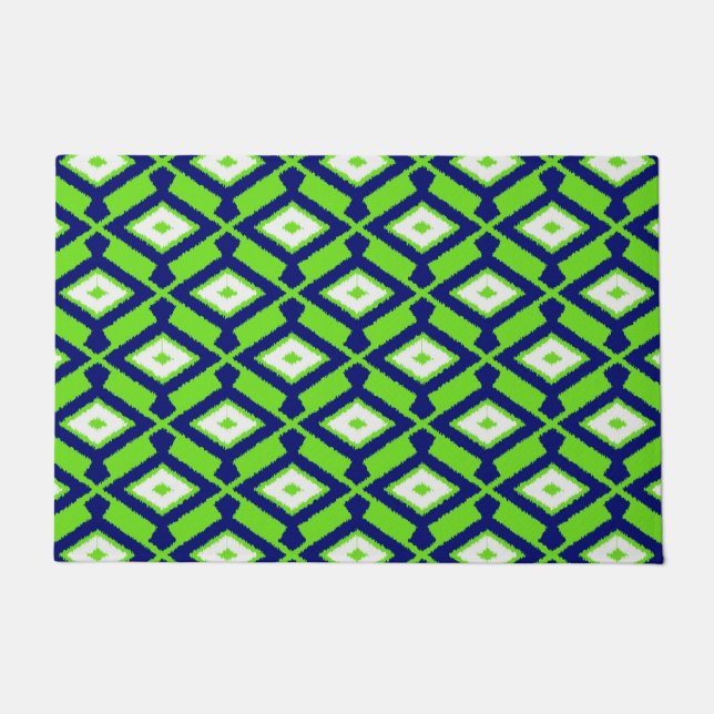 Tapete Padrão Ikat, Verde, Azul Indigo e Branco (Frente)