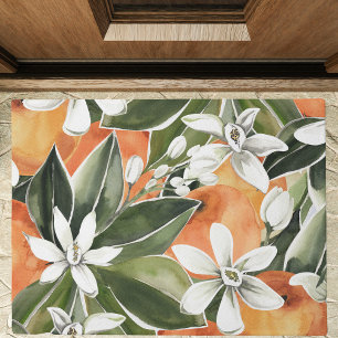 Tapete Padrão Tropical Laranja e Flores de Água